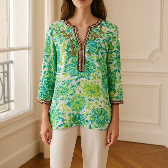 Soft Surroundings White  Green Floral Embroidered Knit Top Medium - Picture 1 of 9